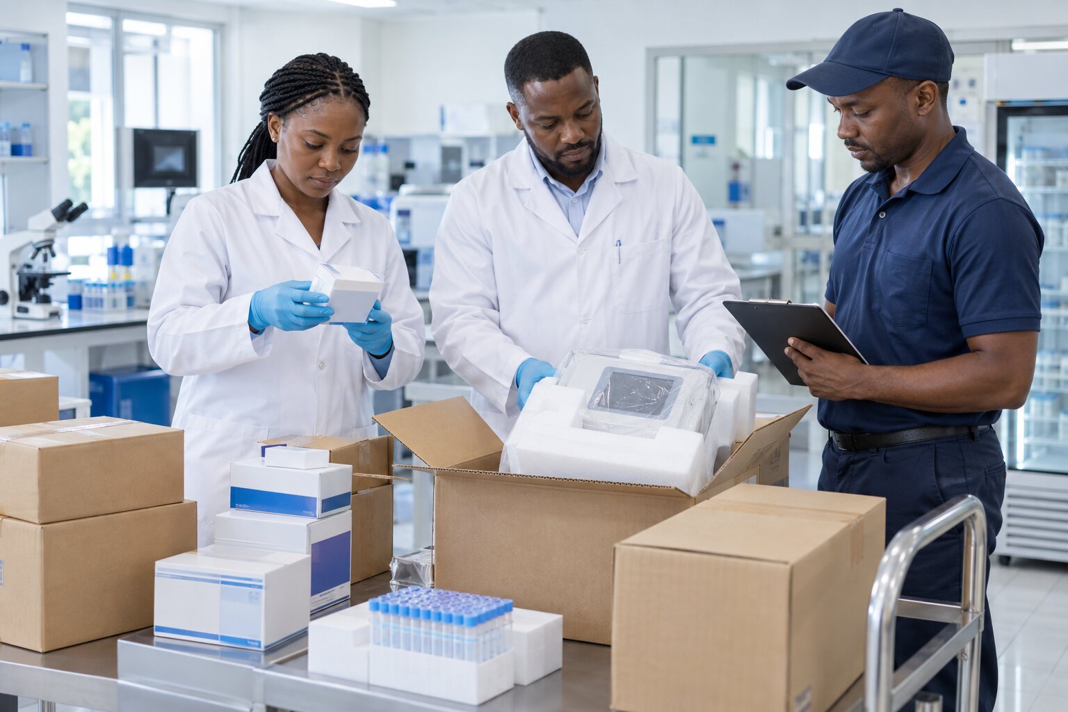 Healthcare and laboratory supply professionals checking equipment